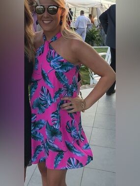 Izzy & Lola Pink Tropical Halter Mini Dress